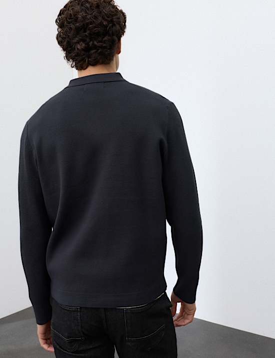 Half Zip Ribbed Long Sleeve Knitted Polo Shirt