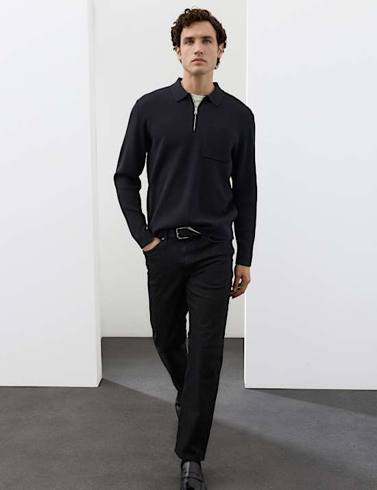 Half Zip Ribbed Long Sleeve Knitted Polo Shirt