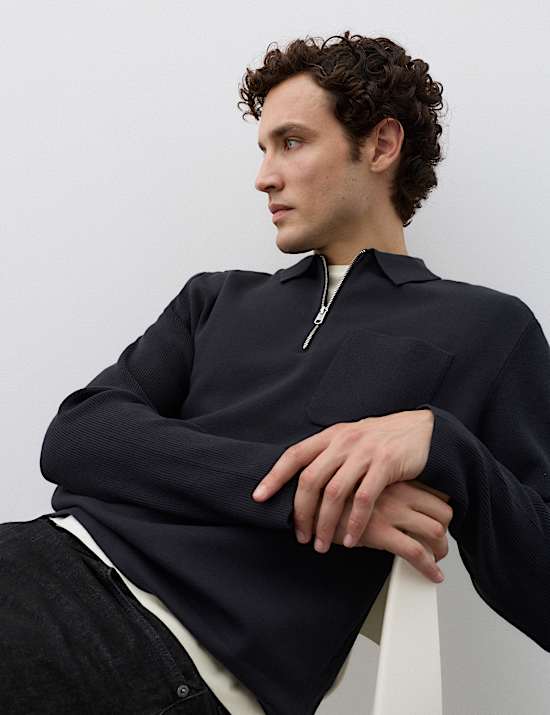 Half Zip Ribbed Long Sleeve Knitted Polo Shirt