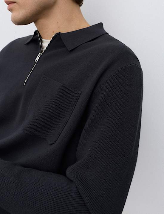 Half Zip Ribbed Long Sleeve Knitted Polo Shirt