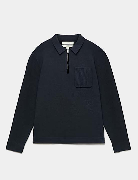 Half Zip Ribbed Long Sleeve Knitted Polo Shirt