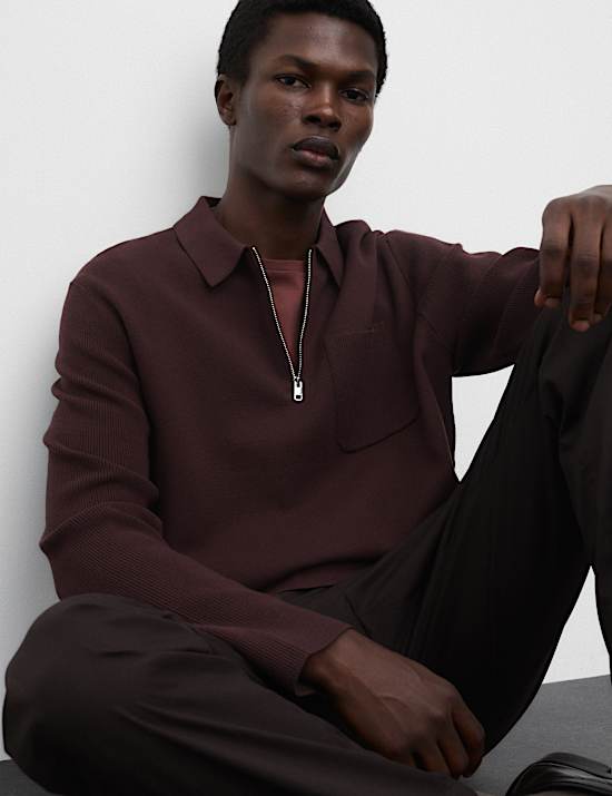 Half Zip Ribbed Long Sleeve Knitted Polo Shirt