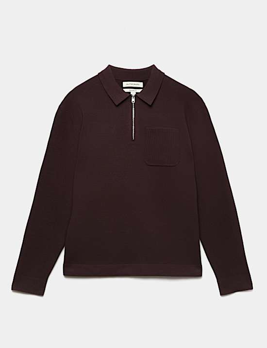 Half Zip Ribbed Long Sleeve Knitted Polo Shirt