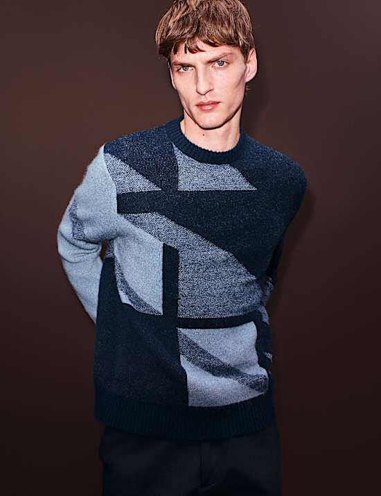 Merino Wool Blend Geometric Crew Neck Jumper
