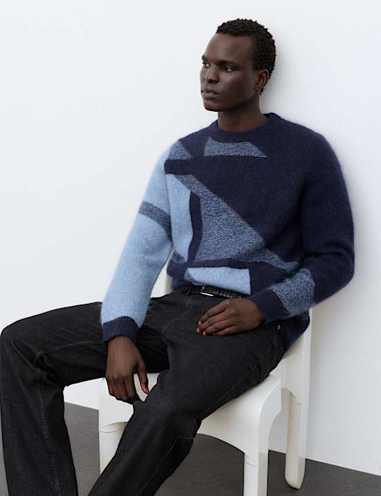 Merino Wool Blend Geometric Crew Neck Jumper