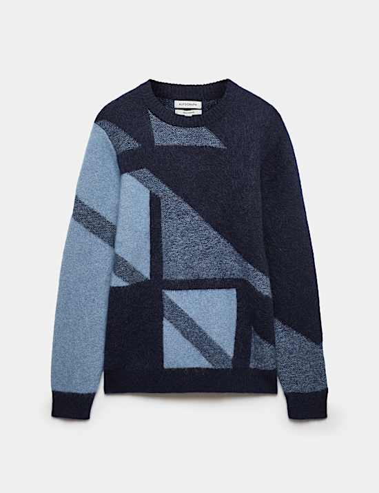 Merino Wool Blend Geometric Crew Neck Jumper