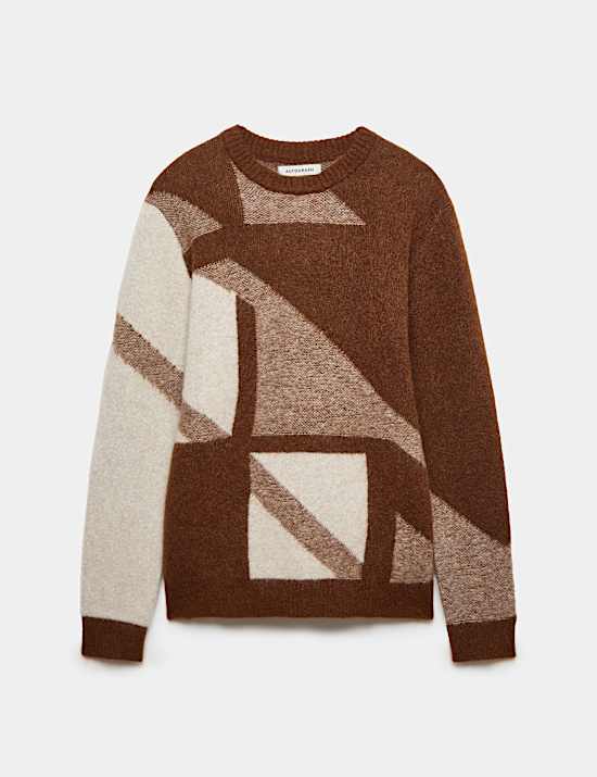 Merino Wool Blend Geometric Crew Neck Jumper