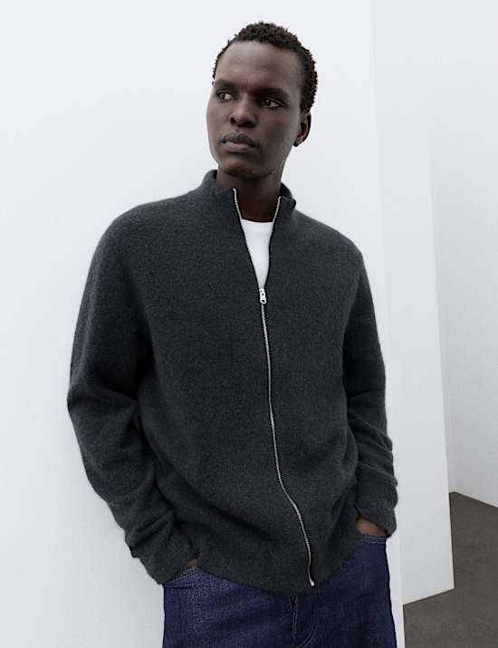 Merino Wool Blend Funnel Neck Zip Up Cardigan