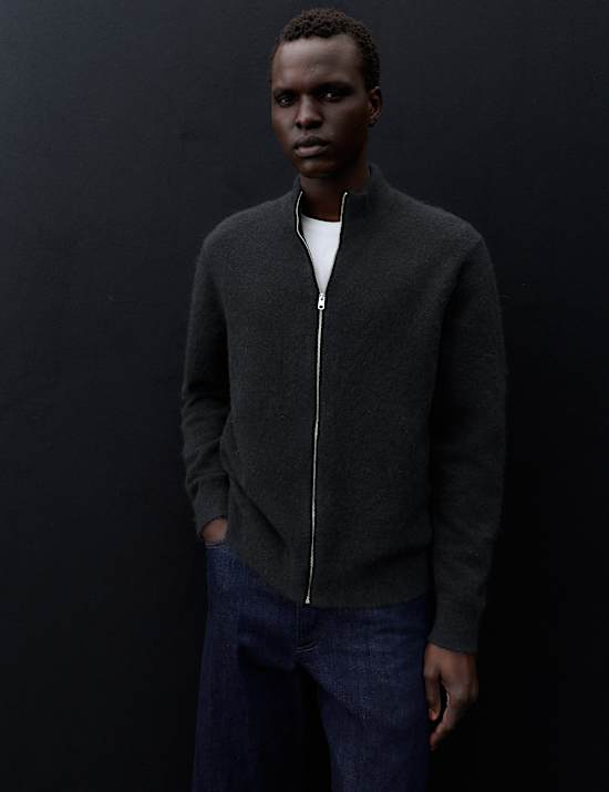Merino Wool Blend Funnel Neck Zip Up Cardigan