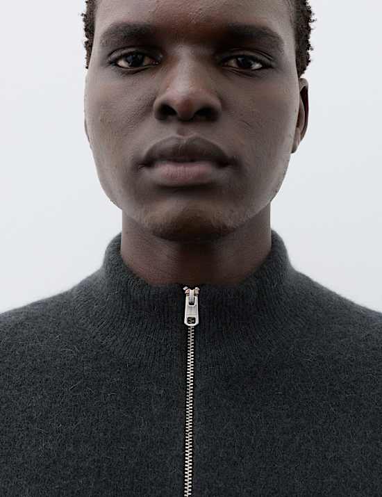 Merino Wool Blend Funnel Neck Zip Up Cardigan