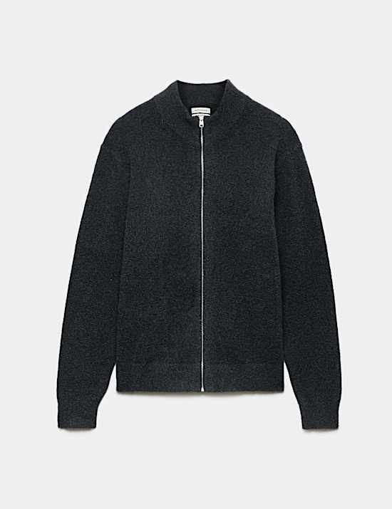 Merino Wool Blend Funnel Neck Zip Up Cardigan