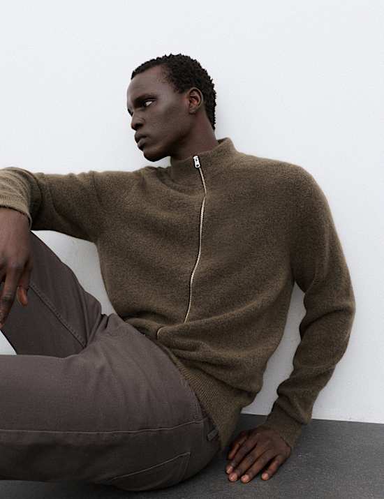 Merino Wool Blend Funnel Neck Zip Up Cardigan