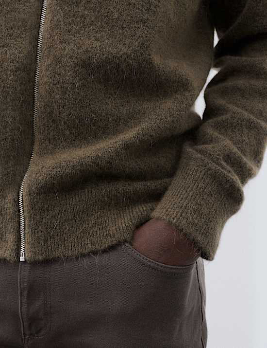 Merino Wool Blend Funnel Neck Zip Up Cardigan