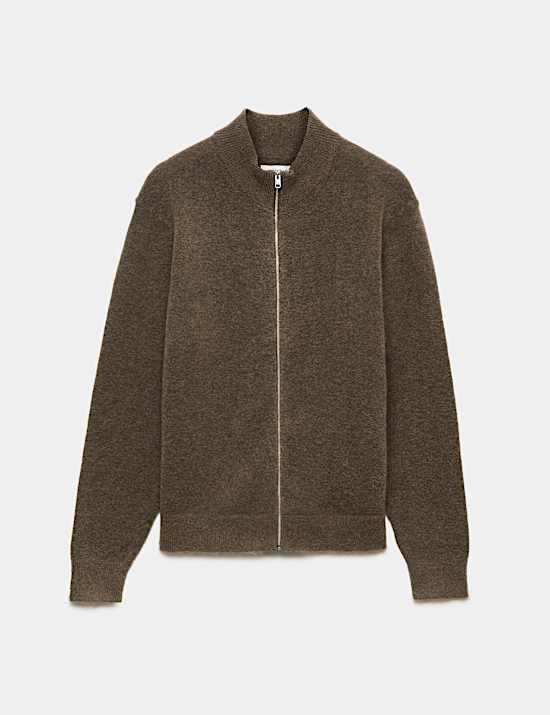 Merino Wool Blend Funnel Neck Zip Up Cardigan
