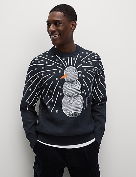 Pull 100&nbsp;% coton &agrave; col rond et motif bonhomme de neige