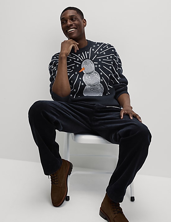 Pull 100&nbsp;% coton &agrave; col rond et motif bonhomme de neige