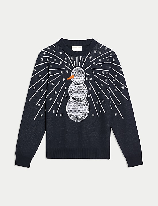 Pull 100&nbsp;% coton &agrave; col rond et motif bonhomme de neige