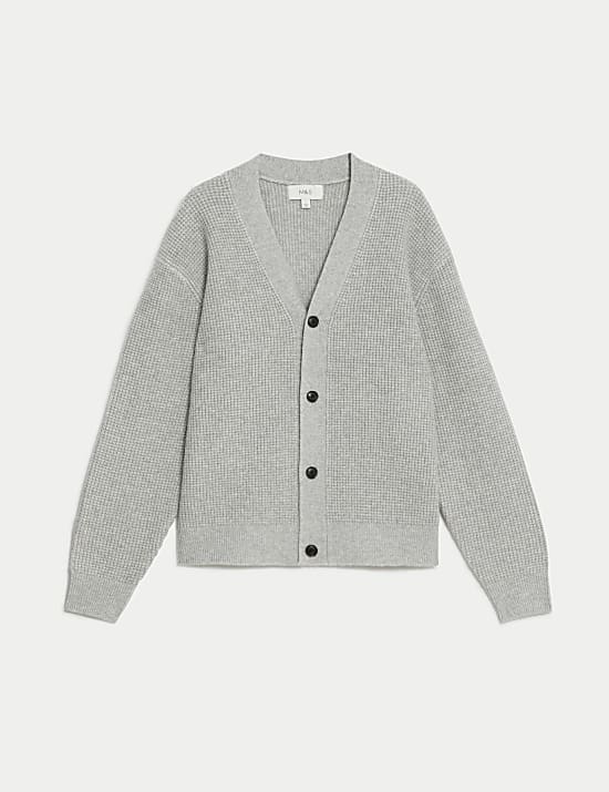 Textured V-Neck Cardigan with Wool