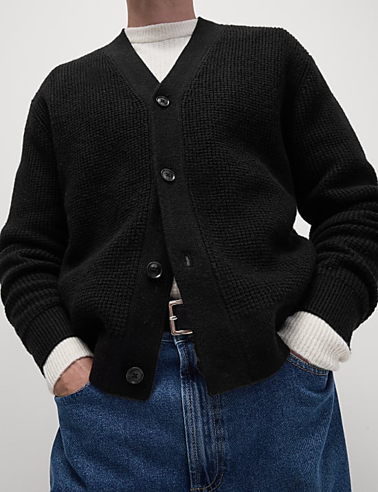 Textured V-Neck Cardigan with Wool