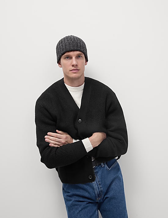 Textured V-Neck Cardigan with Wool