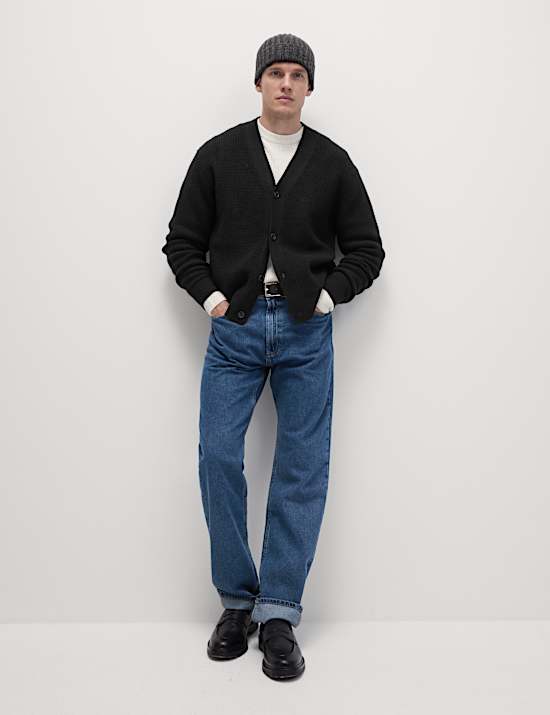 Textured V-Neck Cardigan with Wool