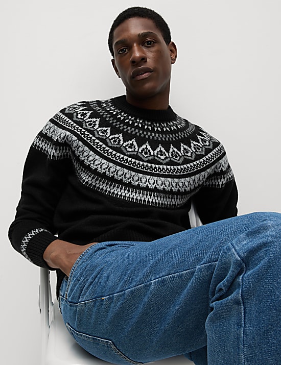 Πουλόβερ με κλειστή στρογγυλή λαιμόκοψη και νορβηγικό σχέδιο από μαλλί