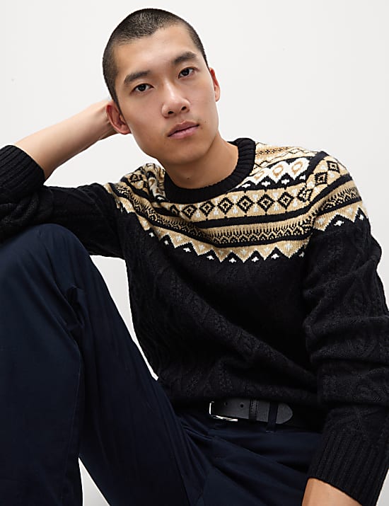 Fair Isle Cable Knit Crew Neck Jumper