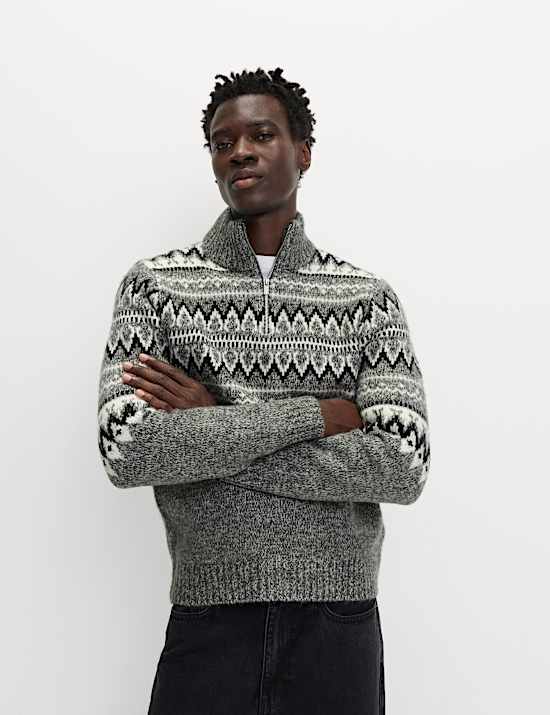 Fair Isle Half Zip Jumper with Wool