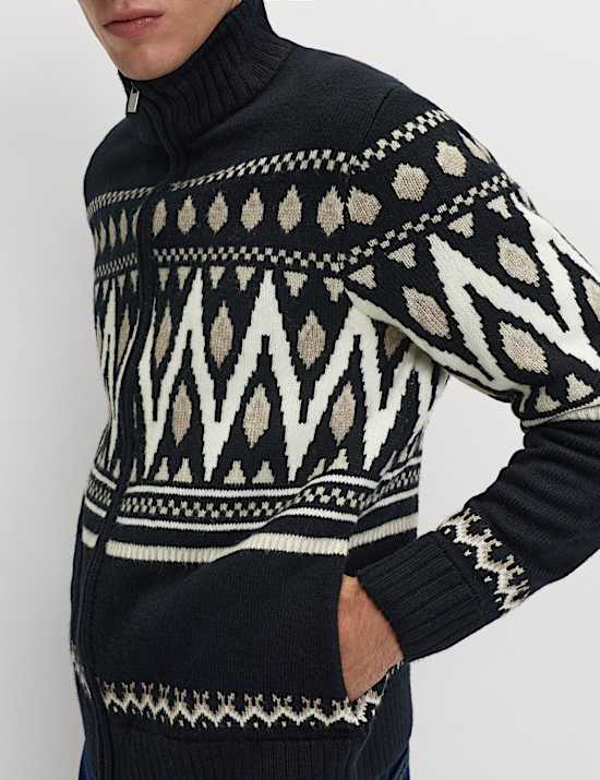 Chaqueta de punto estilo Fair Isle con cuello chimenea y lana