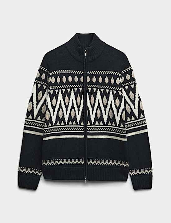 Chaqueta de punto estilo Fair Isle con cuello chimenea y lana
