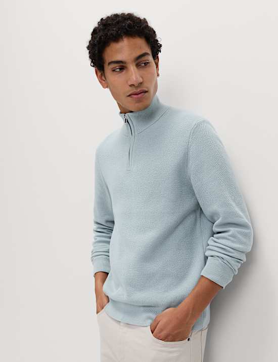 Cotton Rich Textured Half Zip Jumper