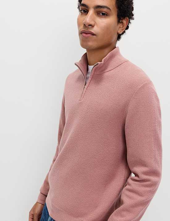 Cotton Rich Textured Half Zip Jumper