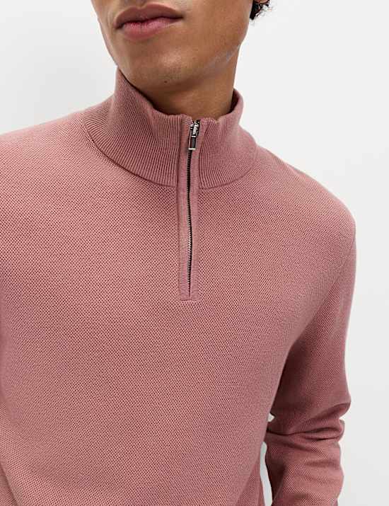 Cotton Rich Textured Half Zip Jumper