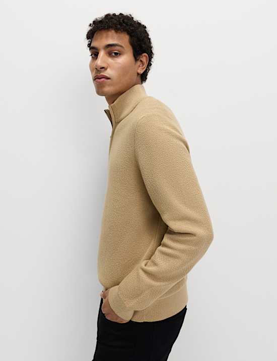 Cotton Rich Textured Half Zip Jumper
