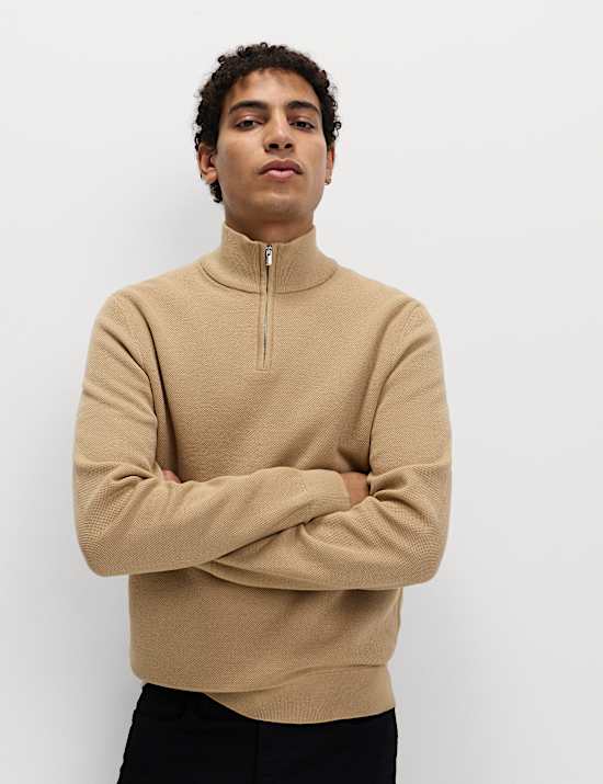 Cotton Rich Textured Half Zip Jumper