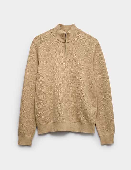 Cotton Rich Textured Half Zip Jumper