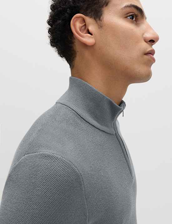 Cotton Rich Textured Half Zip Jumper