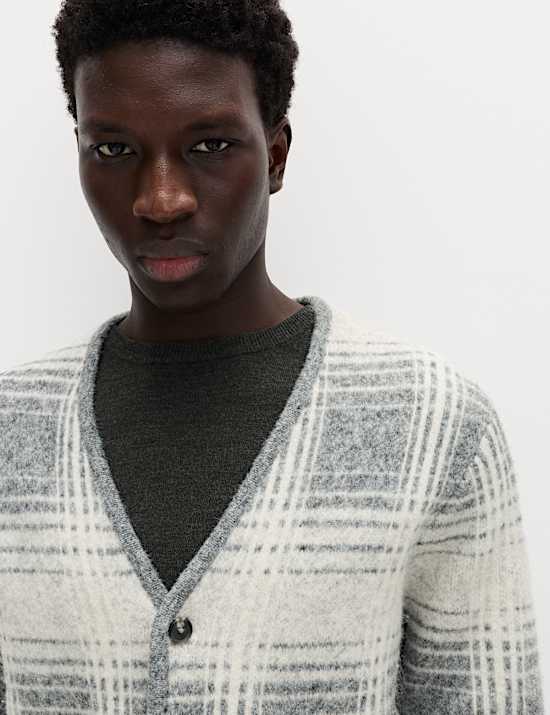Checked Hazy Knit V-Neck Cardigan with Wool