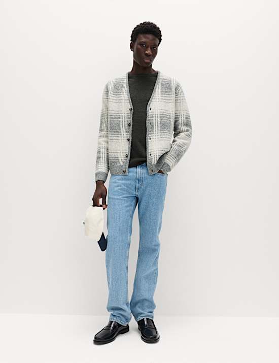 Checked Hazy Knit V-Neck Cardigan with Wool