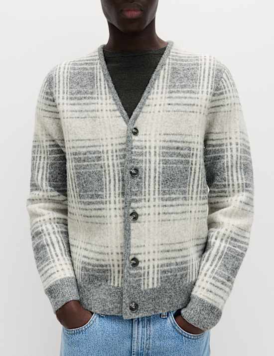 Checked Hazy Knit V-Neck Cardigan with Wool