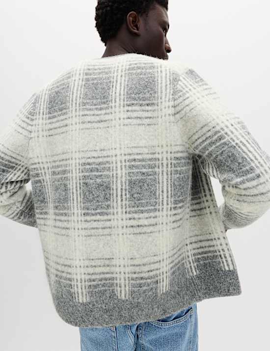 Checked Hazy Knit V-Neck Cardigan with Wool