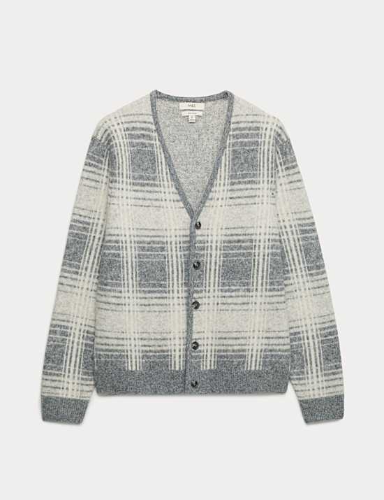 Checked Hazy Knit V-Neck Cardigan with Wool