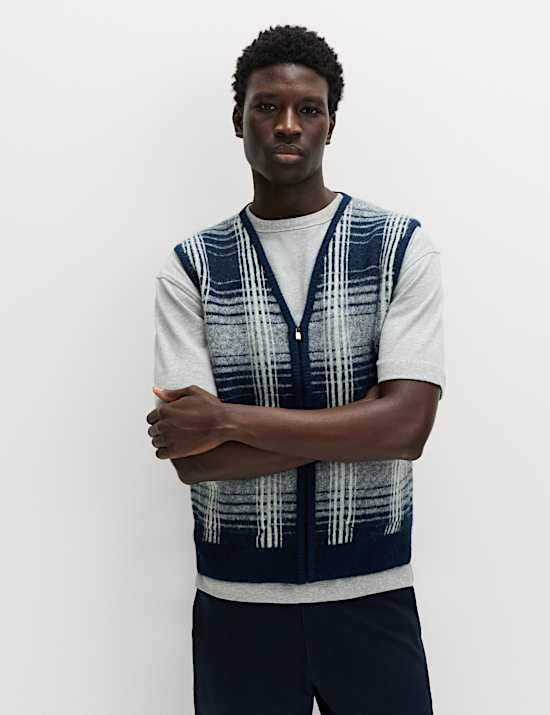 Checked V-Neck Zip Up Gilet with Wool