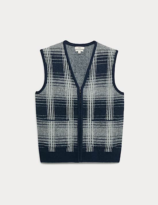 Checked V-Neck Zip Up Gilet with Wool