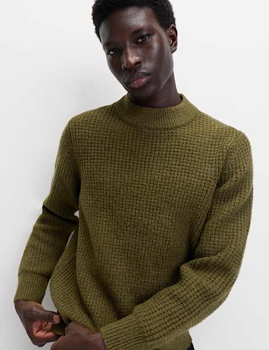 Waffle Knit High Neck Jumper with Wool