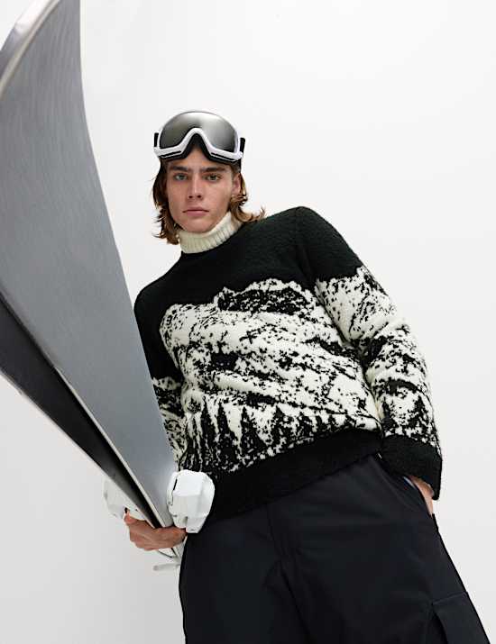 Pull en laine mérinos bouclée à motif montagne