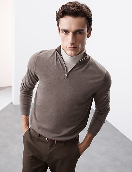 Jumper Ritsleting Pendek Wol Merino Murni Ekstra Halus