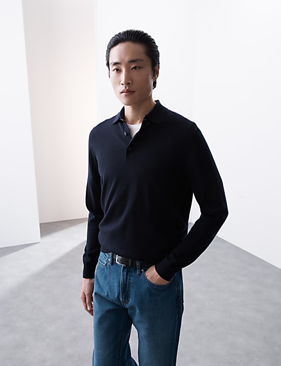 Gestricktes Poloshirt aus reiner, extrafeiner Merinowolle