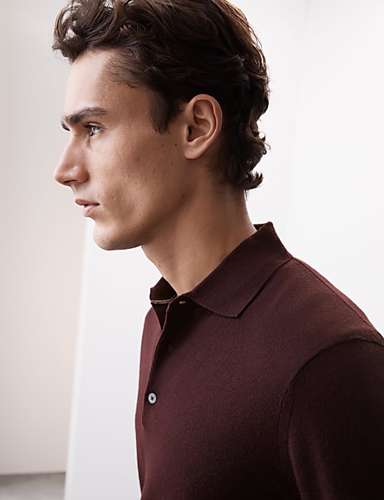 Πλεκτή μπλούζα πόλο από 100% εξαιρετικά λεπτό μαλλί Merino