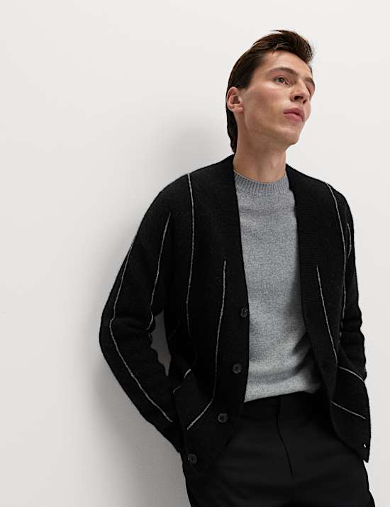 Striped V-Neck Cardigan with Wool